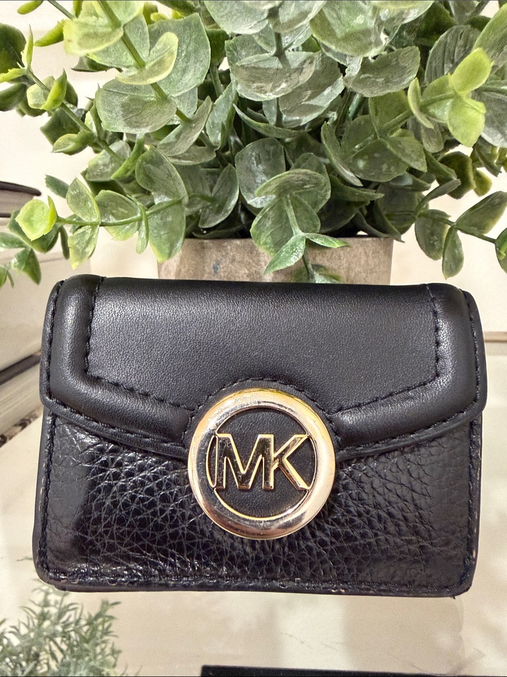 Michael Kors Black Leather Mini Wallet with Gold MK Emblem